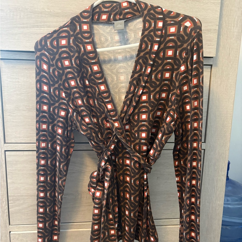 Ann Taylor Brown and Red Geometric Wrap Blouse